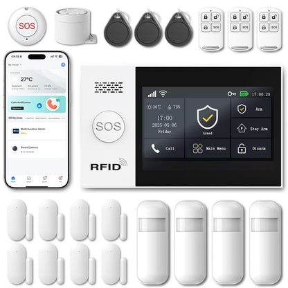 WiFi Wireless Alarm System for Home Security - 24/7 Protection Smart Home Devices 4.3" Touch Screen, GSM/4G+WiFi, App Instant Alerts, No Monthly Fee, Alexa Compatible for Villa, Kids Safety (21pcs)
