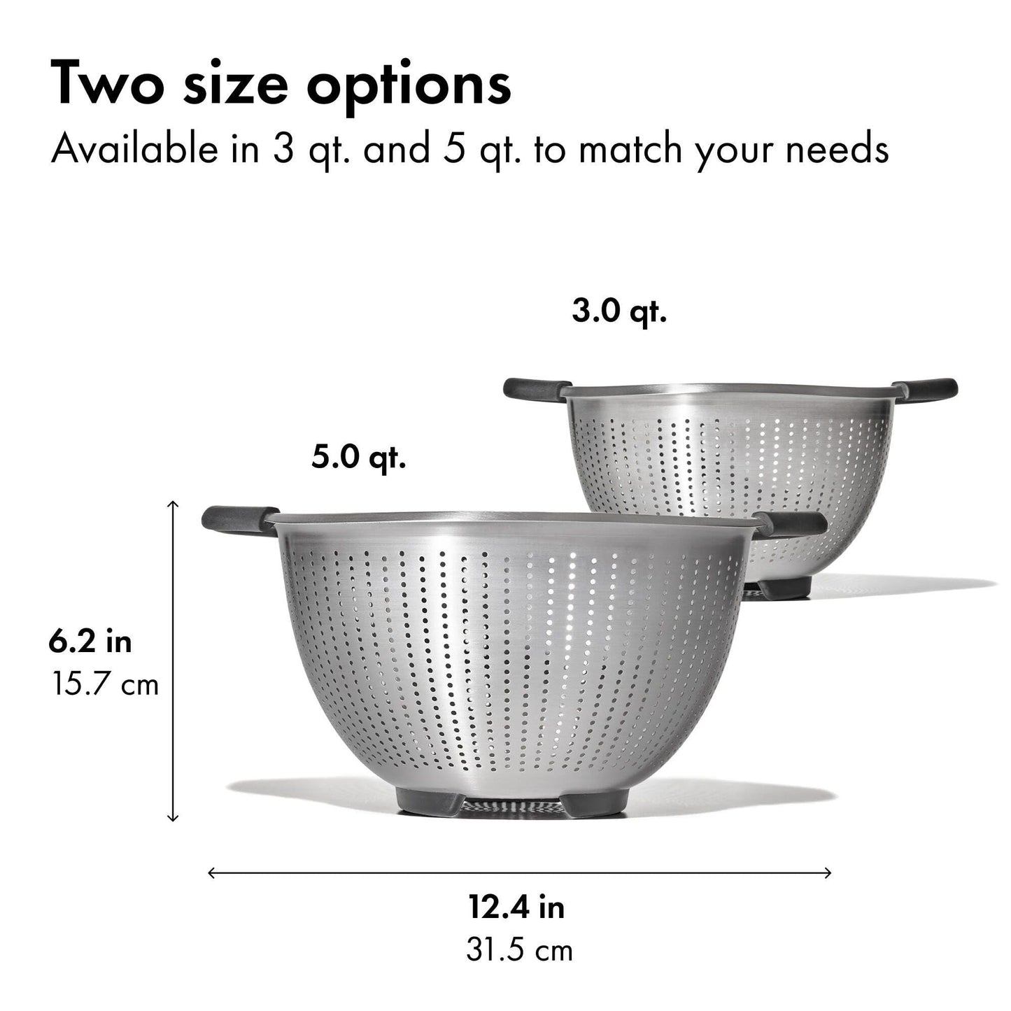 OXO Good Grips Stainless Steel Colander, 5 qt. Capacity, Strainer with Non-Slip Handles, Kitchen Colander for Pasta and Vegetables, Nesting Stainless Steel Strainer and Sieve