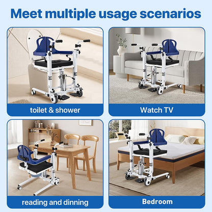 Patient Transfer Lift Chair, 350 lb Capacity, 180° Split Seat, Hydraulic Commode Wheelchair for Elderly, Bed to Toilet