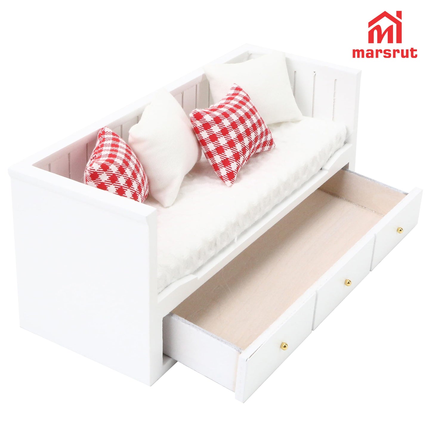 Miniature Dollhouse Daybed, 1/12 Scale Couch, Upholstered Wooden Fabric Sofa with Pillows, Mini Loveseat Sofa Furniture Set for 6 Inch Dolls, Modern Living Room Realistic Model DecorationAccessories