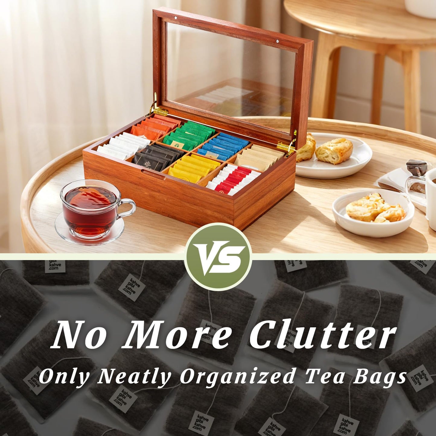 LANNEY Tea Bag Organizer - Acacia Wooden Tea Box Organizer Storage Box, Bag Holder Container with 8 Removable Compartments, Clear Window and Magnetic Lid for Coffee Sugar Countertop Kitchen Cabinet