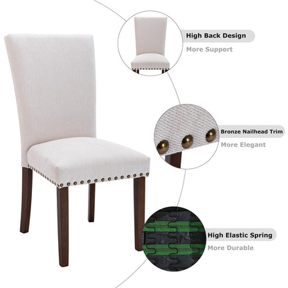 COLAMY Upholstered Dining Chairs Set of 6, Parsons Style Side Chairs with Nailhead Trim and Solid Wood Legs, Comfortable Linen Fabric for Kitchen & Dining Room – Beige