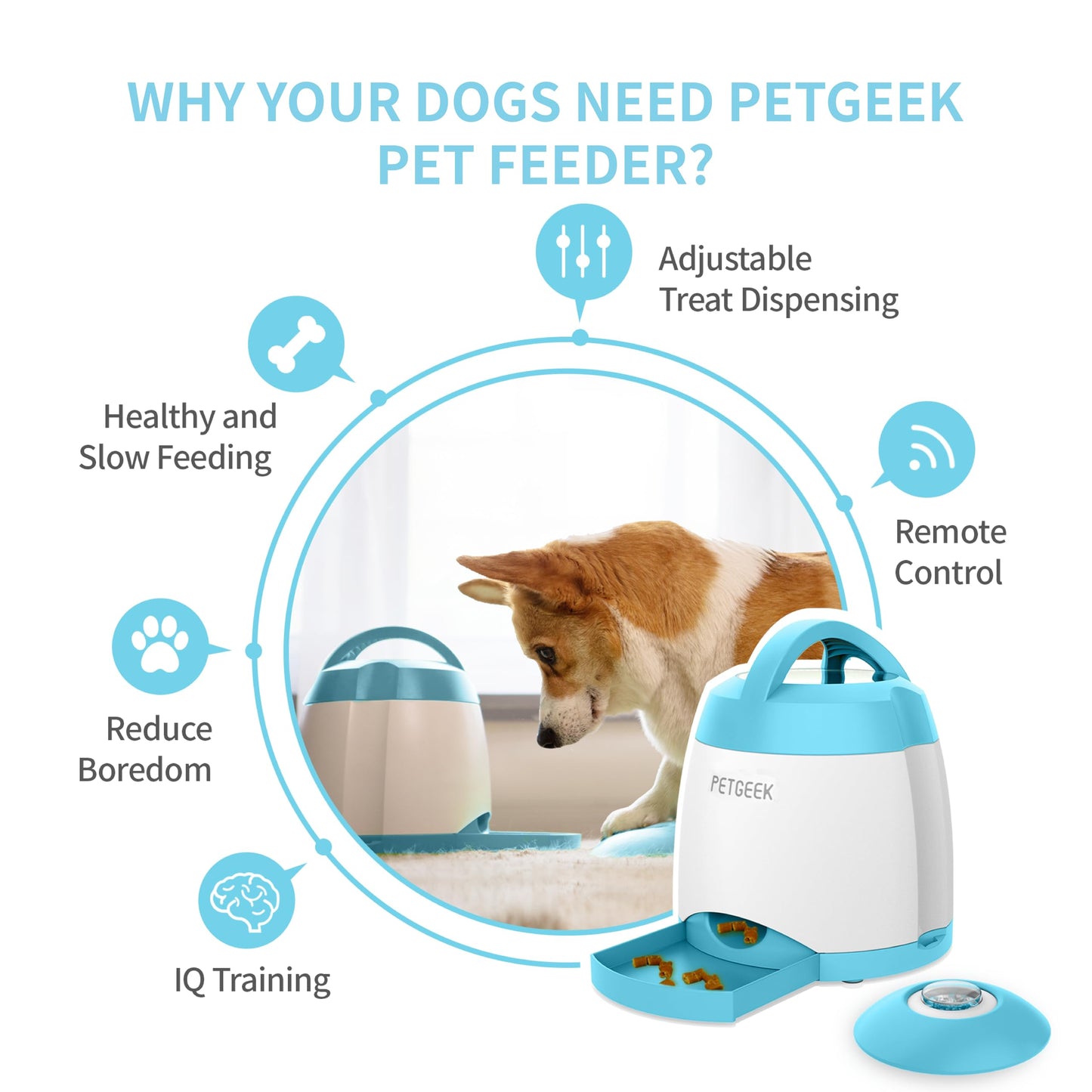PETGEEK Dog Treat Dispenser with Button, Automatic Dog Feeder with Remote Control and Dual Power Supply, Dogs Puzzle Toys and Interactive Pet Stimulation Toys for Indoor/Outdoor Play (Blue)
