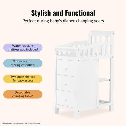 Dream On Me Jayden 4‑in‑1 Mini Convertible Baby Crib & Changer with Storage in White, Pinewood, GreenGuard Gold & BSA, 1” Mattress Pad, 3 Mattress Heights, Converts to Mini Day & Twin-Size Bed