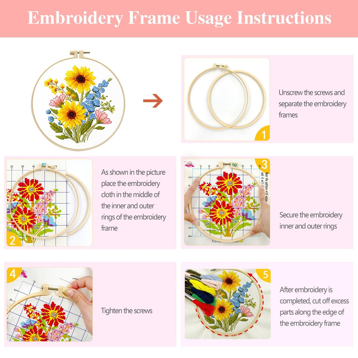Zhenqing 4-Piece Floral Cross Stitch Kit for Beginners - Complete Set with Pre-Printed 11CT 24x24cm Fabric, Hoop, Threads & Tools (Sunflower, Peony, Tulip Designs)(70362)