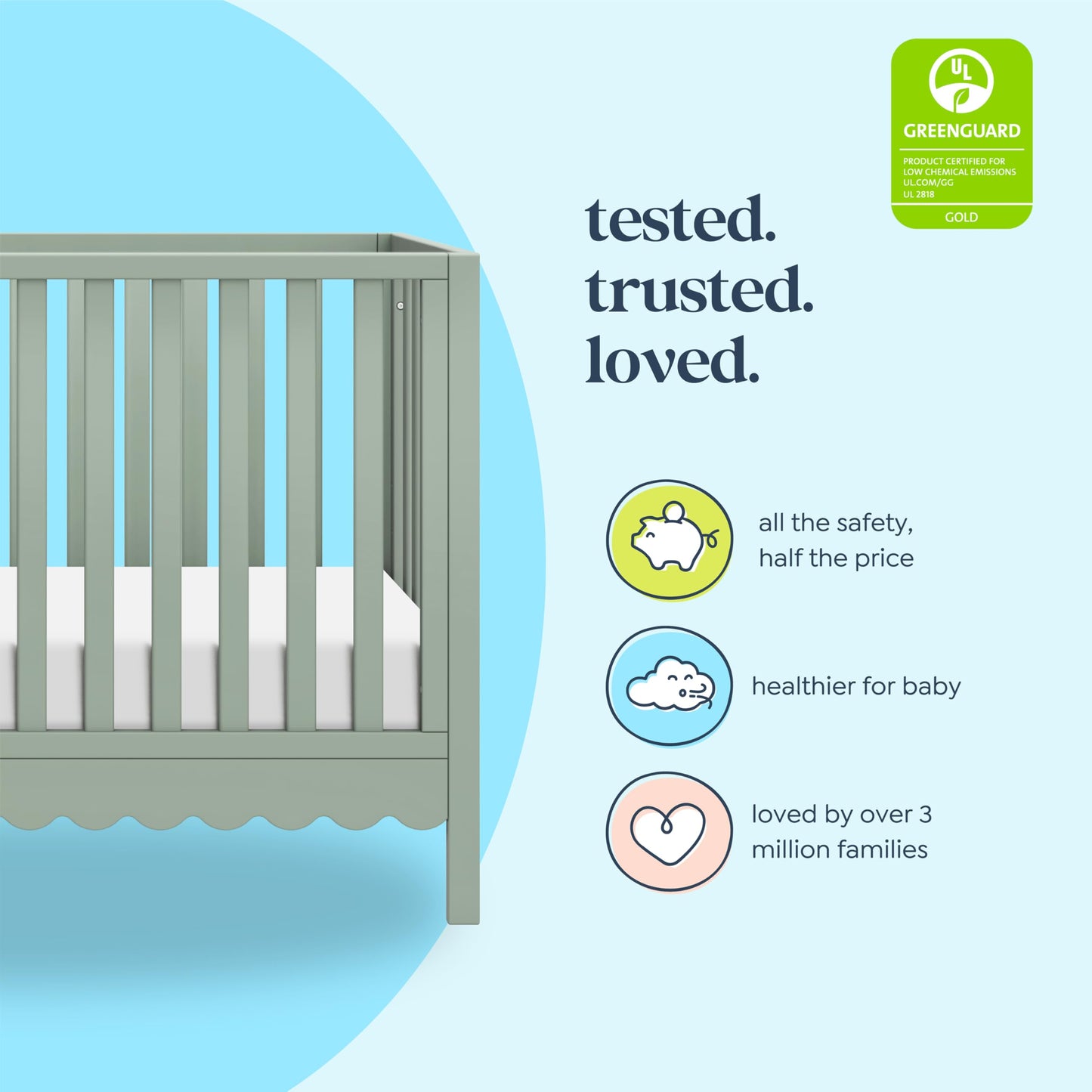 Davinci Sammy Scallop 4-in-1 Convertible Crib in Light Sage, GREENGUARD Gold Certified