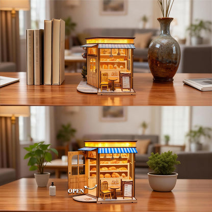 Joibabe DIY Miniature House - LED Lighting Book Nook Kit Dollhouse Kit for Adults and Teens, Book Nook Tiny House Bookshelf 3D Wooden Puzzle, Gifts for Family Friends (Bakery)
