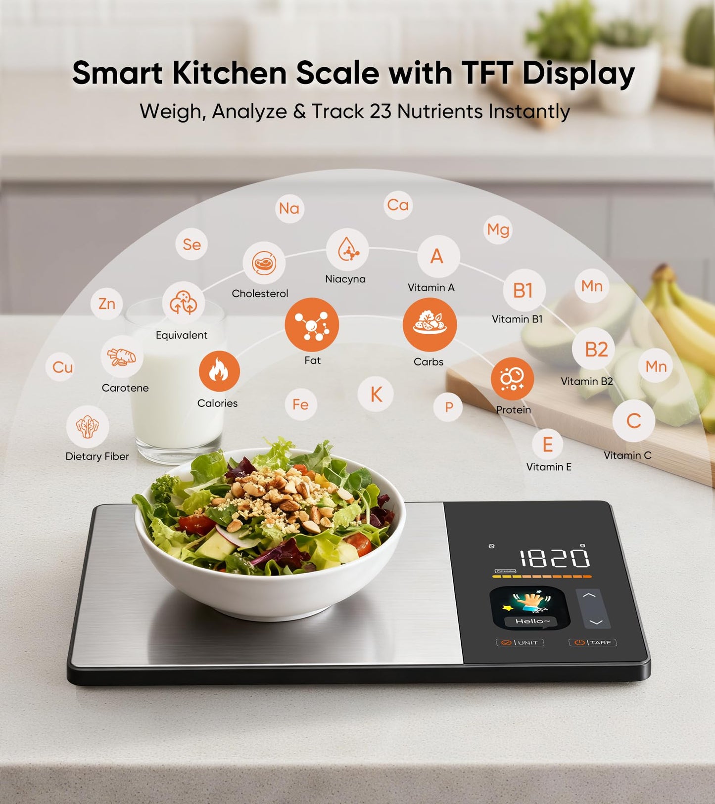 KUAIVO Smart Nutrition Food Scale with TFT Display, Tracks Calories, Fat, Carbs & Protein, Works with App for Daily Reports, 50 Built-in Foods, 23 Nutrients, Digital Kitchen Scale for Meal Prep