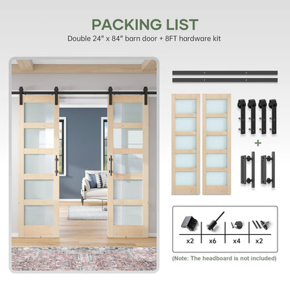 ROYMELO Double 24×84 inch Glass Sliding Barn Door Slab with 8ft Hardware Kit Included, 5-Panel Frosted Glass, Spruce Wood Support DIY Dyeing, Easy Assembly