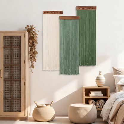 KHOYIME Macrame Wall Hanging Boho Chic Home Decor, 3PCS Bohemian Green Beige Tassel Yarn Tapestry Modern Handmade Large Wall Art Decorations for Living Room Bedroom Nursery Backdrop 11.8''W x 36''L