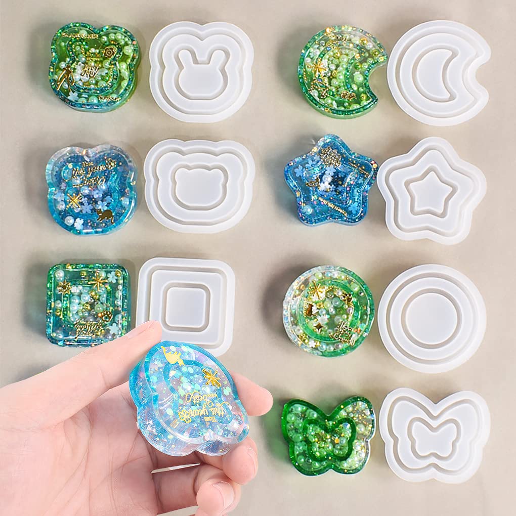 FineInno 8 PCS Resin Shaker Molds,Double Layer Silicone Mold for Epoxy Resin Casting,Heart,Star,Butterfly Quicksand Mold with 80 PCS Sealing Sheet