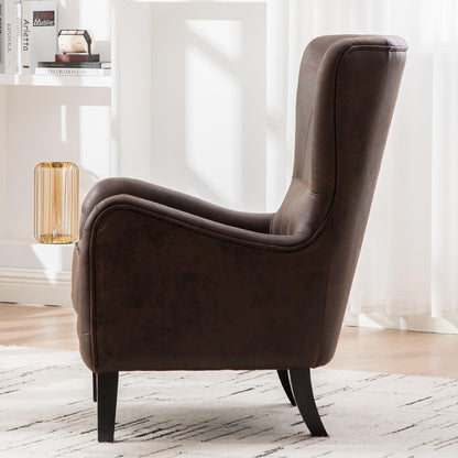 KEIKI PU High Back Accent Chair Oversized, Retro Wingback Reading Armchair with Solid Wood Legs, Mid-Century Comfy Arm Chair Lounge, Upholstered Single Sofa for Living Room, Easy Assembly, Brown
