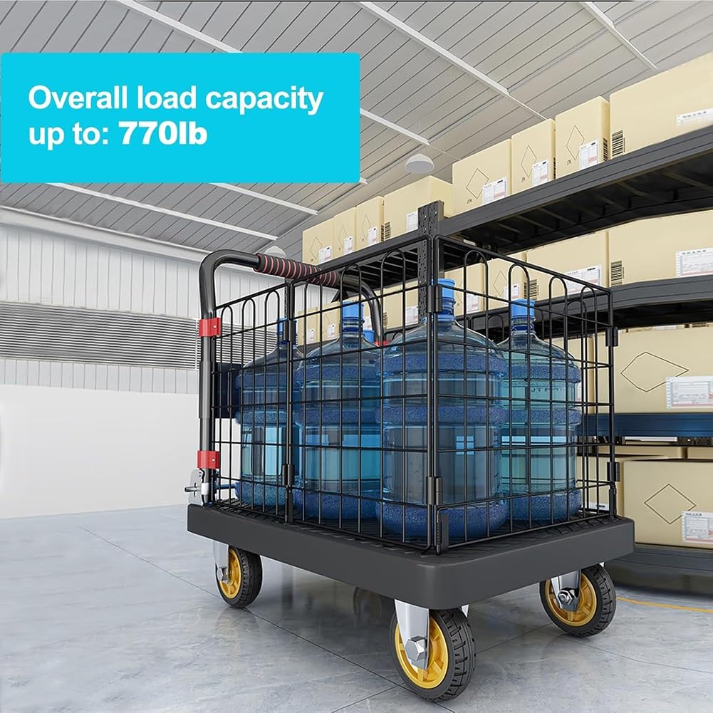Heavy Duty Folding Platform Truck Cart with Cage and Wheels - Ideal for Warehouse Transport and Moving Heavy Loads