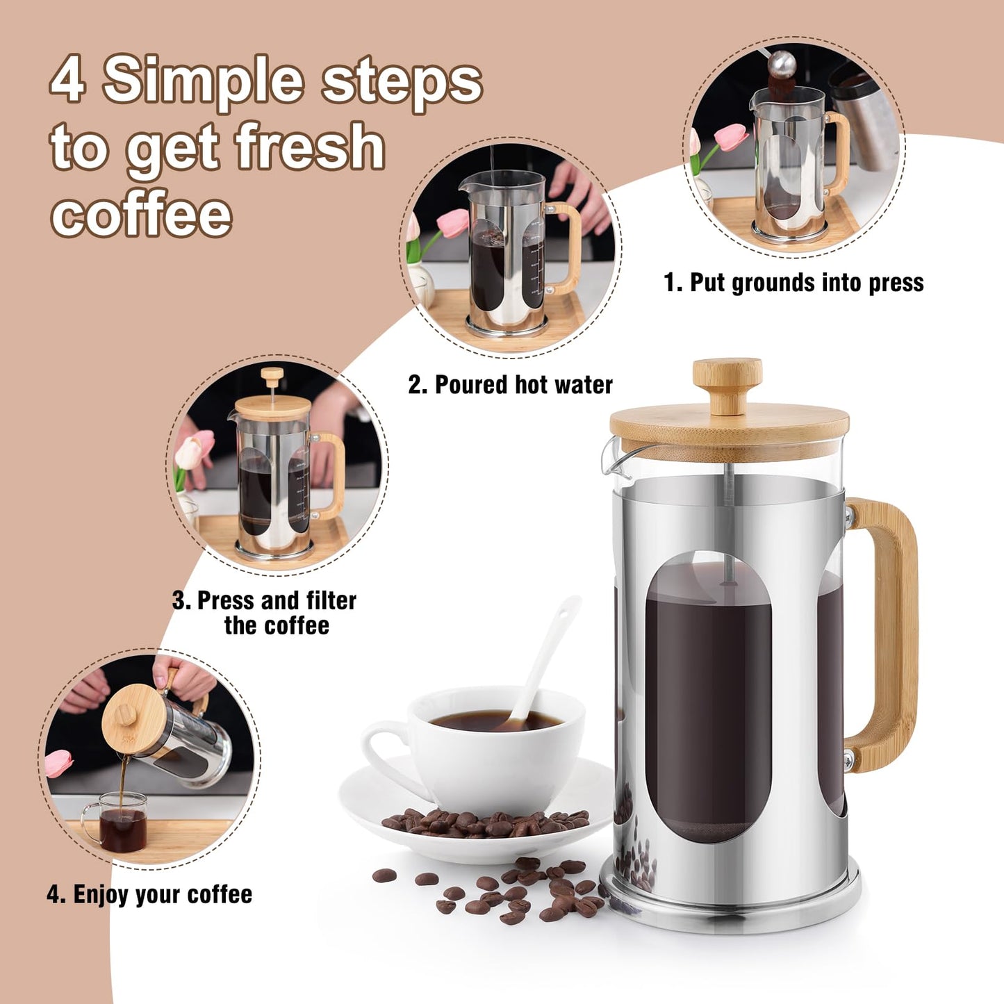 Sivaphe No-Plastic French Press Coffee Maker 34 oz, Borosilicate Glass Bamboo Lid and Handle Coffee Tea Press 8 cup, 1000ml Coffee Milk Forther with Stainless Steel Holder and Resuable Filters
