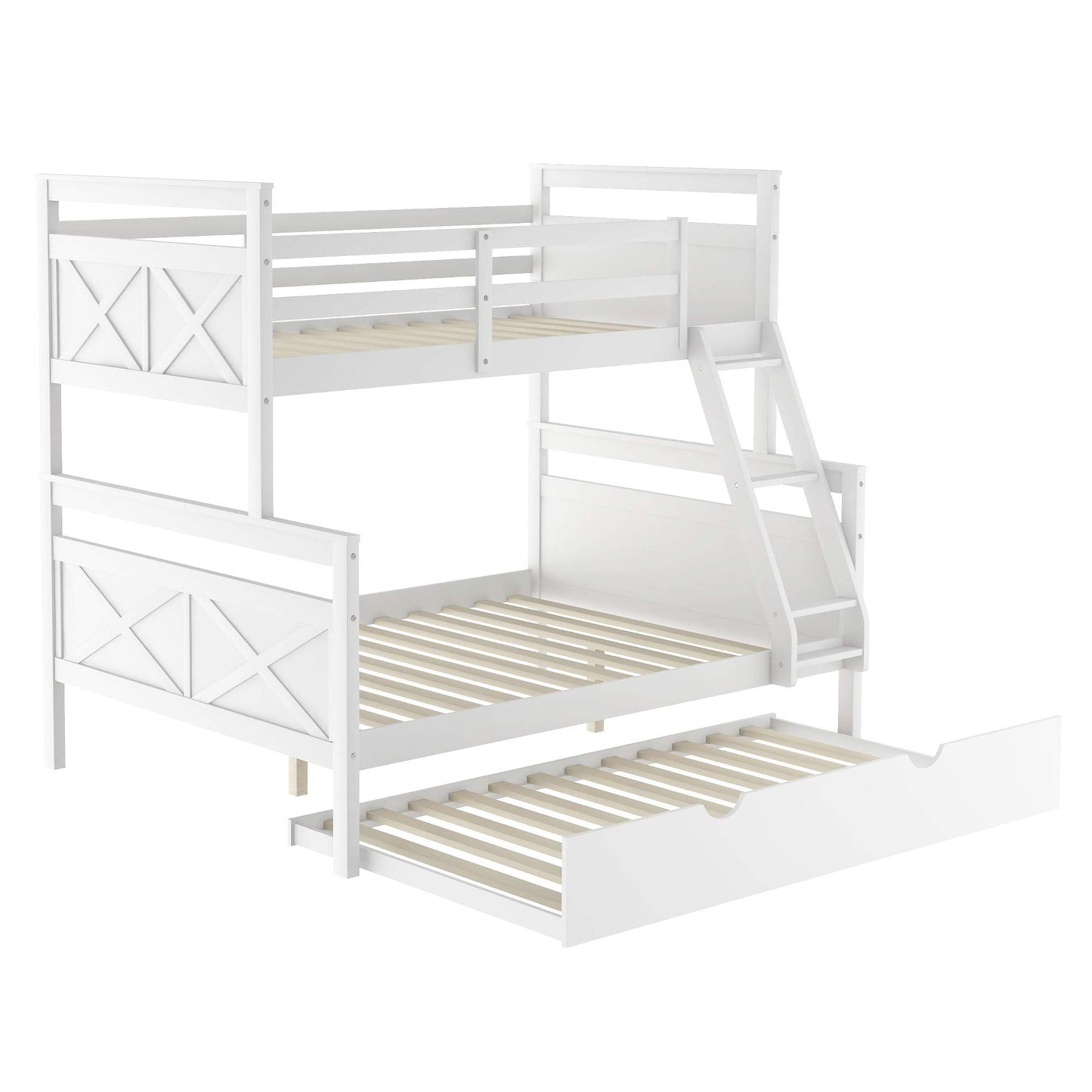 Merax Twin Over Full Wood Bunk Bed Withe Trundle and Safety Guardrail for Teens, Guests，No Box Spring Needed, White