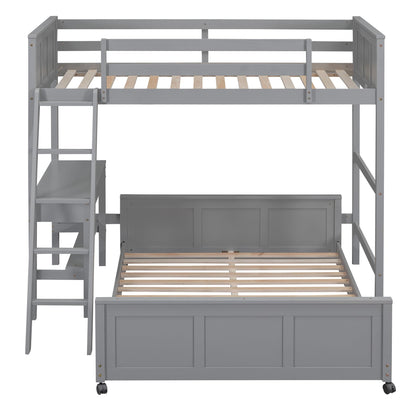 Merax Twin Over Full Bunk Bed with Desk,Wood Loft Bed Frame Saving Space for Boys,Girls,Teens,Grey