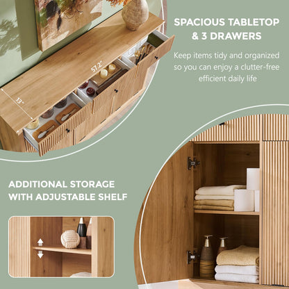 IFGET Triple Tilt Out Trash Can Cabinet, Modern Fluted Laundry Hamper Cabinet with 3 Drawers, 20 Gallon Hidden Wooden Garbage Can Cabinet w/Storage Basket & Adjustable Shelf, for Kitchen, Natural Oak
