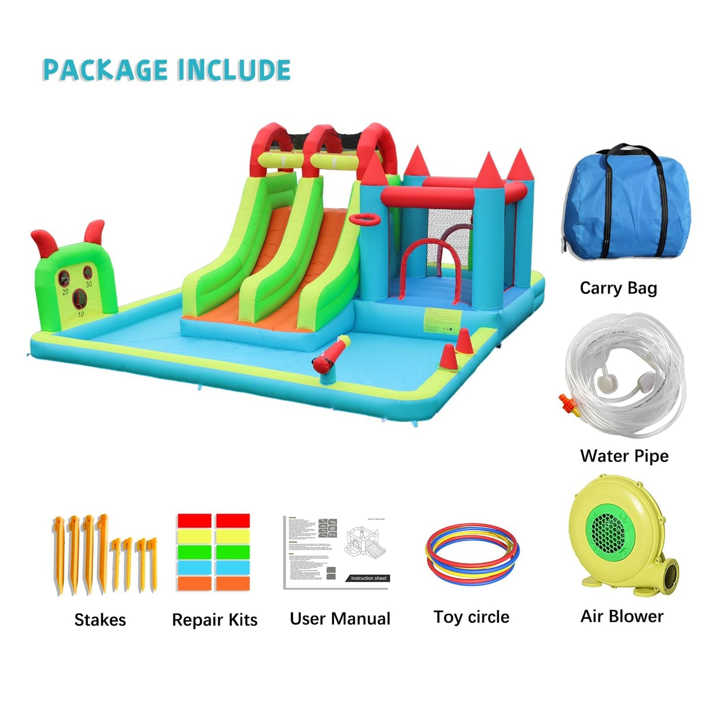 JOOLOOG Inflatable Water Slide Park 18x15FT Mega Water Park Bounce House w/Double Waterslide Large Splash Pool, Deep Pool, Shower,Water Cannon,Climbing Wall and Jumping Bouncer for Backyard Outdoor