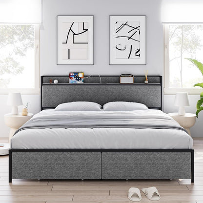 Garvee King Size Bed Frame with 2 Storage Drawers and USB Ports, Upholstered Platform Bed with Headboard, Sturdy & Noise Free, Under Bed Storage, No Box Spring Needed, Gray