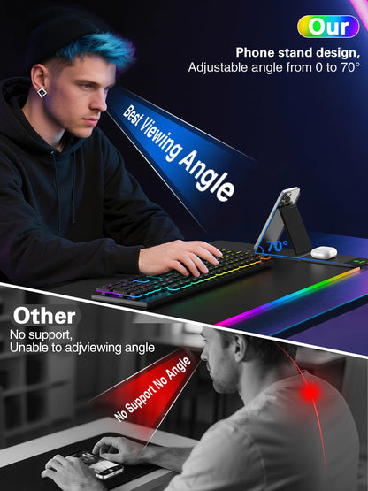 Mouse Pad with Wireless Charging, Large Desk Mat RGB Gaming Mousepad, 10 Light Colors LED Gaming Pad Keyboard Pad with Ultra-Smooth Surface & Non-Slip Rubber Base, Waterproof Full Desk Mouse Pad