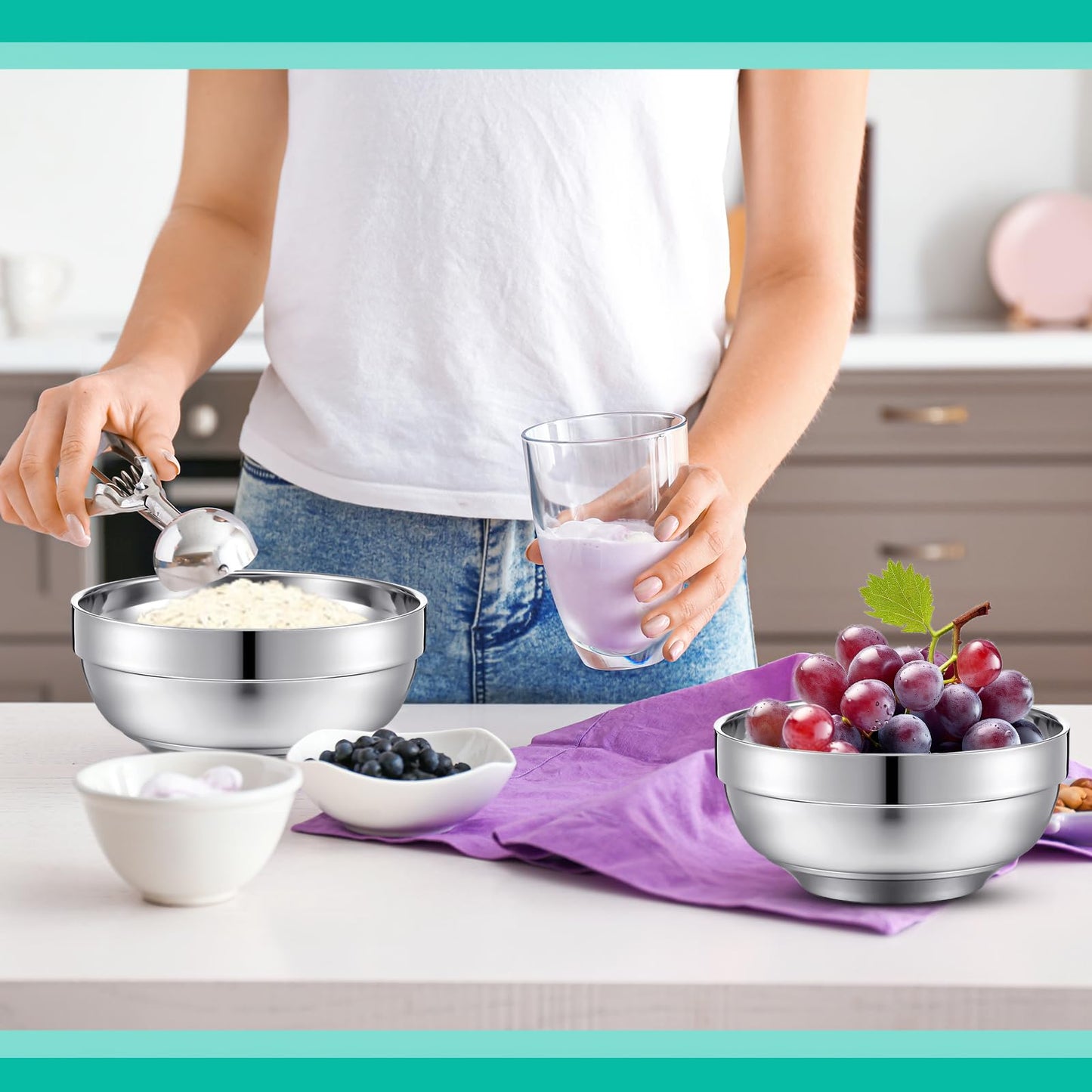 Funnymoom 4 Pack 24 Oz stainless Steel Bowls Double Walled Insulated Soup Ice Cream Metal Mixing Nesting Bowls for Serving Soup Rice Cereal