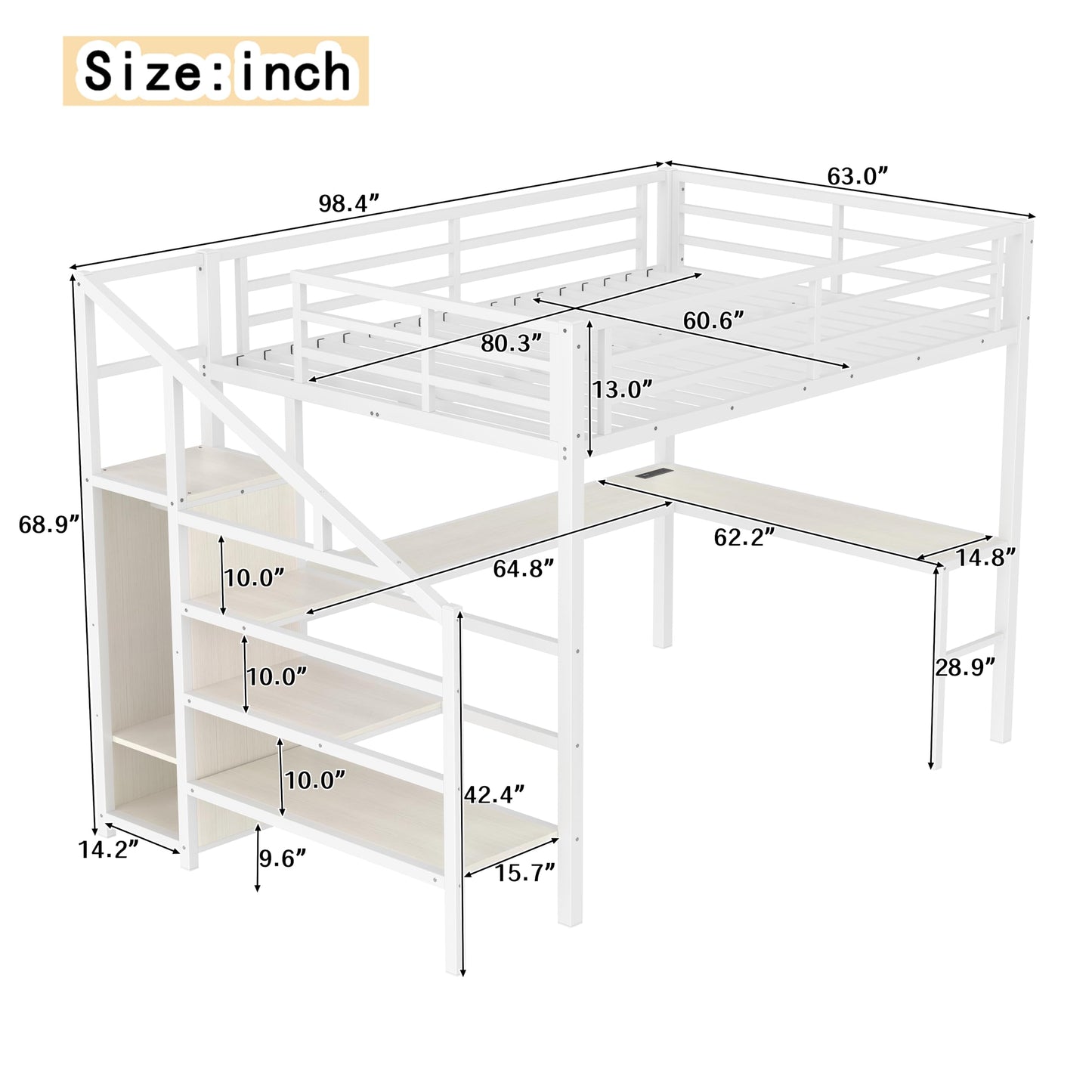Bellemave Queen Loft Bed with Staircase and L Desk, Wardrobe, Metal Queen Loft Bed Frame for Adults, Kids, Teens, White Wood-Grain