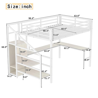 Bellemave Queen Loft Bed with Staircase and L Desk, Wardrobe, Metal Queen Loft Bed Frame for Adults, Kids, Teens, White Wood-Grain