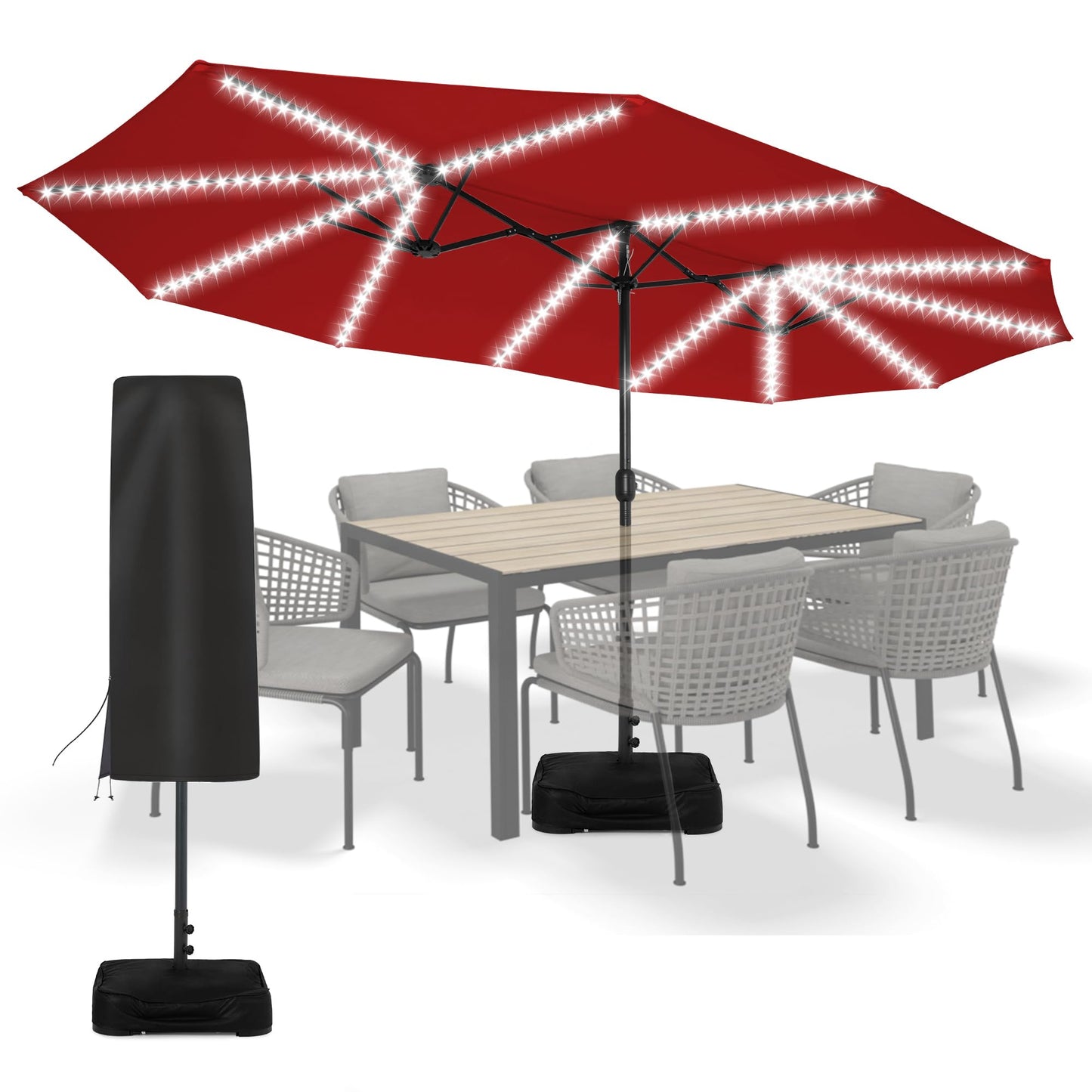 Sundale Outdoor Solar 15 ft 144 LED Olefin 5-Year-Non-Fading Patio Umbrella with Sandbag Base Included and Cover, Outdoor Double-Sided Umbrella with Lights, Red