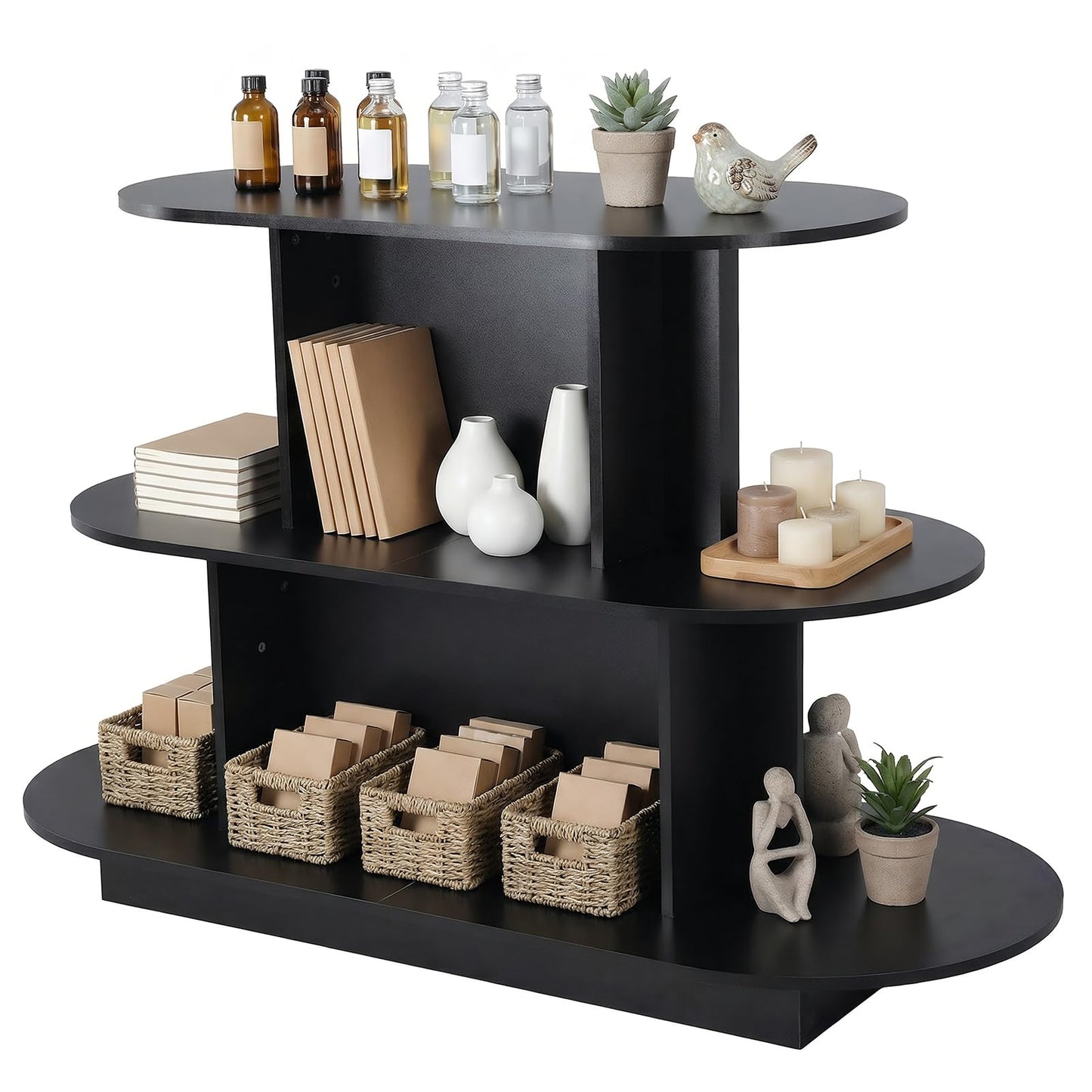3 Tier Wooden Oval Display Table Large Storage Space Retail Table Modern Standing Display Riser Shelf for Stores Vendor Events 55in W x 23.6in D x 35in H (Black)