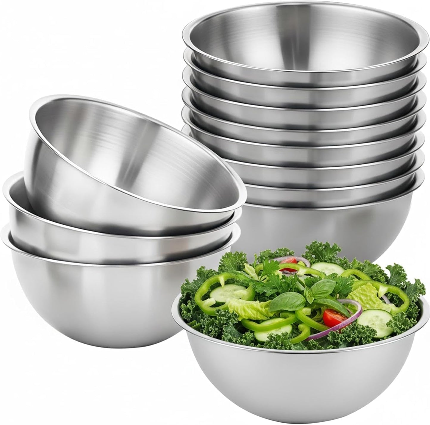12 Pcs 304 Stainless Steel Mixing Bowls with Graduations, Metal Serving Salad Bowls, Reusable Baking Food Storage Containers for Baking, Cooking, Making Salads, Soups, Ice Cream, Noodles, cereal