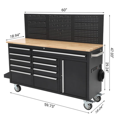 GAOMON 61-inch Rolling Tool Chest, 10 Drawers Garage Workbench Storage Tool Cabinet with Power Strip, Solid Rubber Wood Top, 1675 LBS Load Mobile Workstation, Heavy Duty Rolling Cabinet