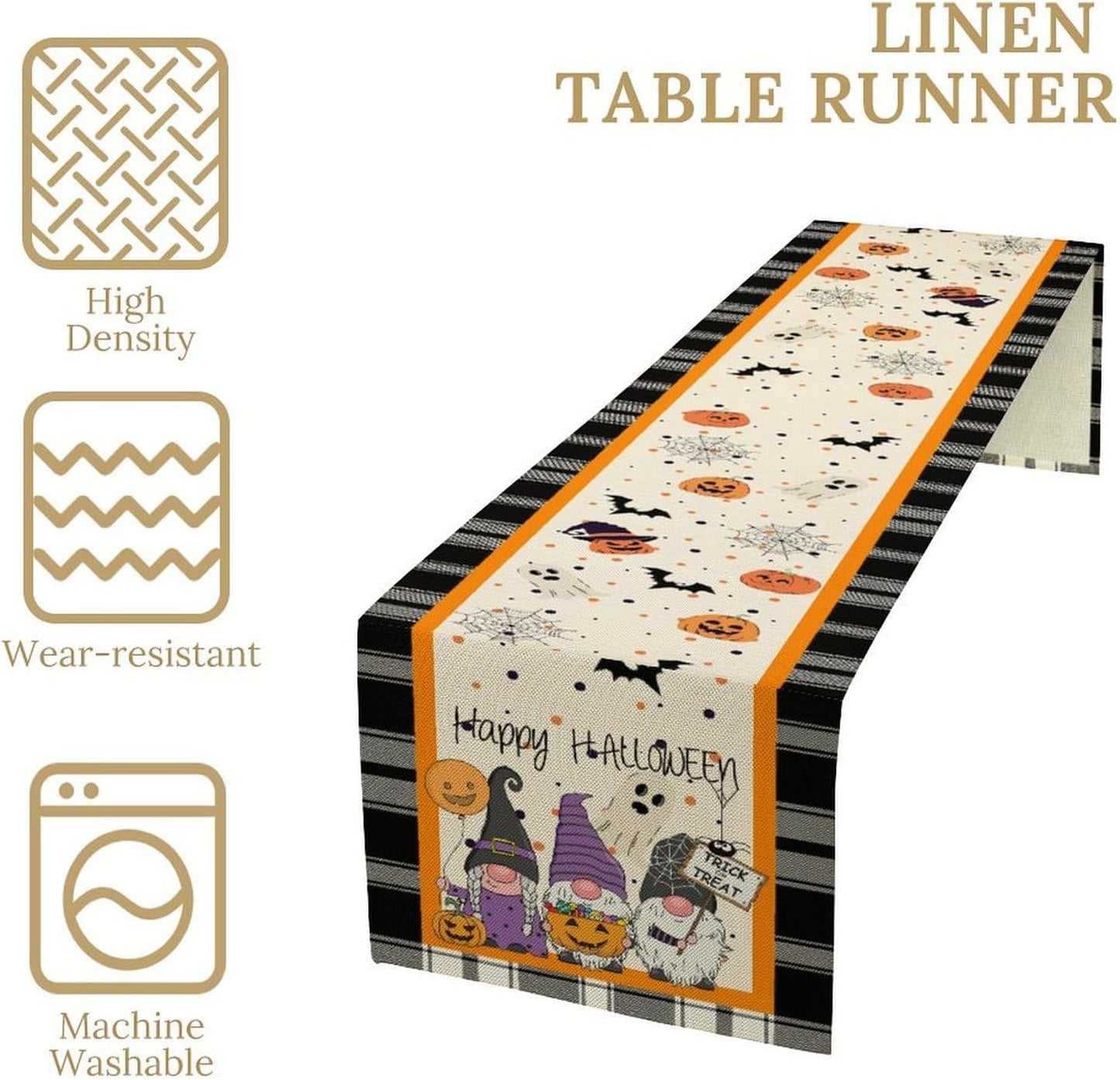 Nitmbi 13x72inch Halloween Table Runner,Buffalo Plaid Gnome Bat Pumpkin Ghost Pattern Retro Table Runner for Coffee