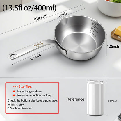 BQWII 18/10 Stainless Steel Butter Warmer, 13.5 fl oz (400ml), Ideal for Heating Milk, Butter, Sauces, Baby Food, Coffee, Chocolate, Egg Pan, Compatible with Induction & Gas Stovetops