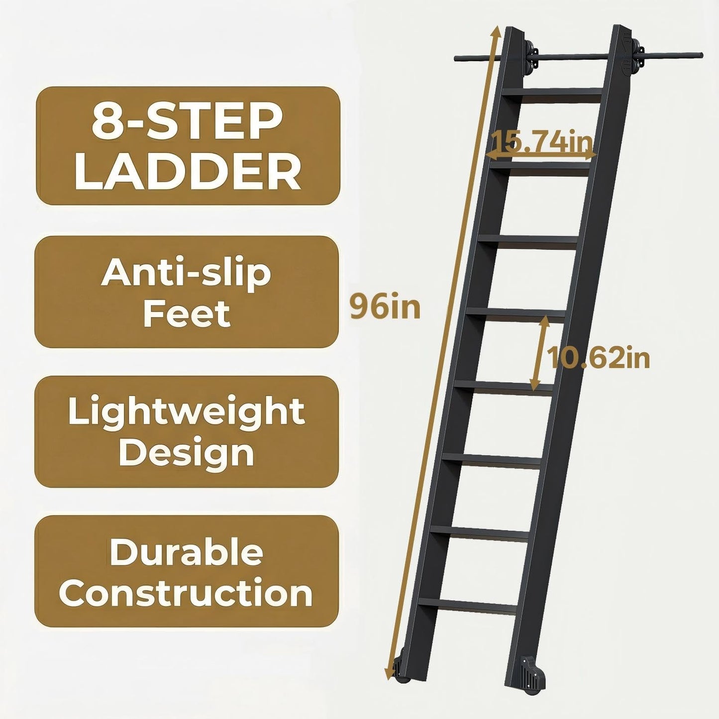 96" Rolling Library Metal Step Ladder, 8-Step Portable 330lb Heavy Duty Black Movable Ladder, 4FT Sliding Hardware Track Kit Bottom Wheel Included, for Kitchen, Loft, Warehouses and Bookstore