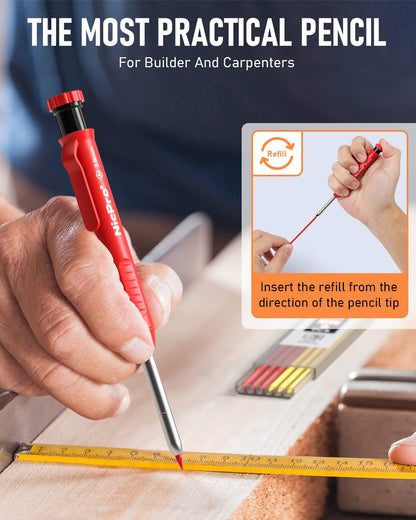 Nicpro 6 Pack Carpenter Pencil with Sharpener,Mechanical Pencils Set 54PCS Refills(Black,Red,Yellow,Blue,Green,White) Deep Hole Marker Construction Heavy Duty Woodworking -With Case