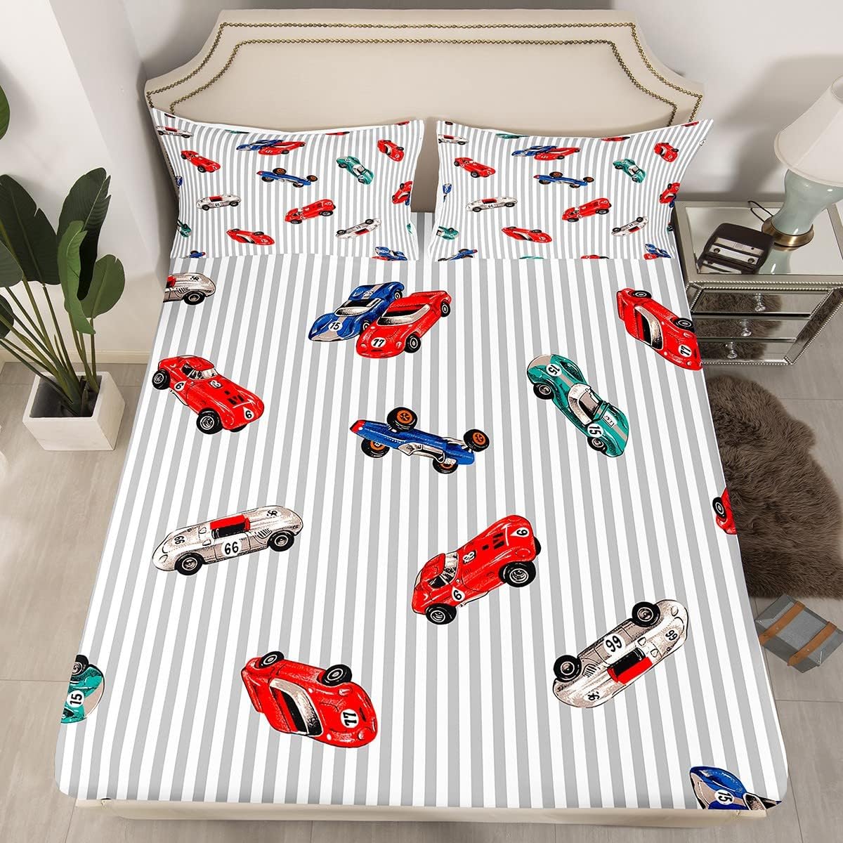 Set Set Feelyou Race car Bed Sheet Speed Sports Car Bedding Racing Car Fitted Sheet White Grey Flat Sheet for Kids Boys