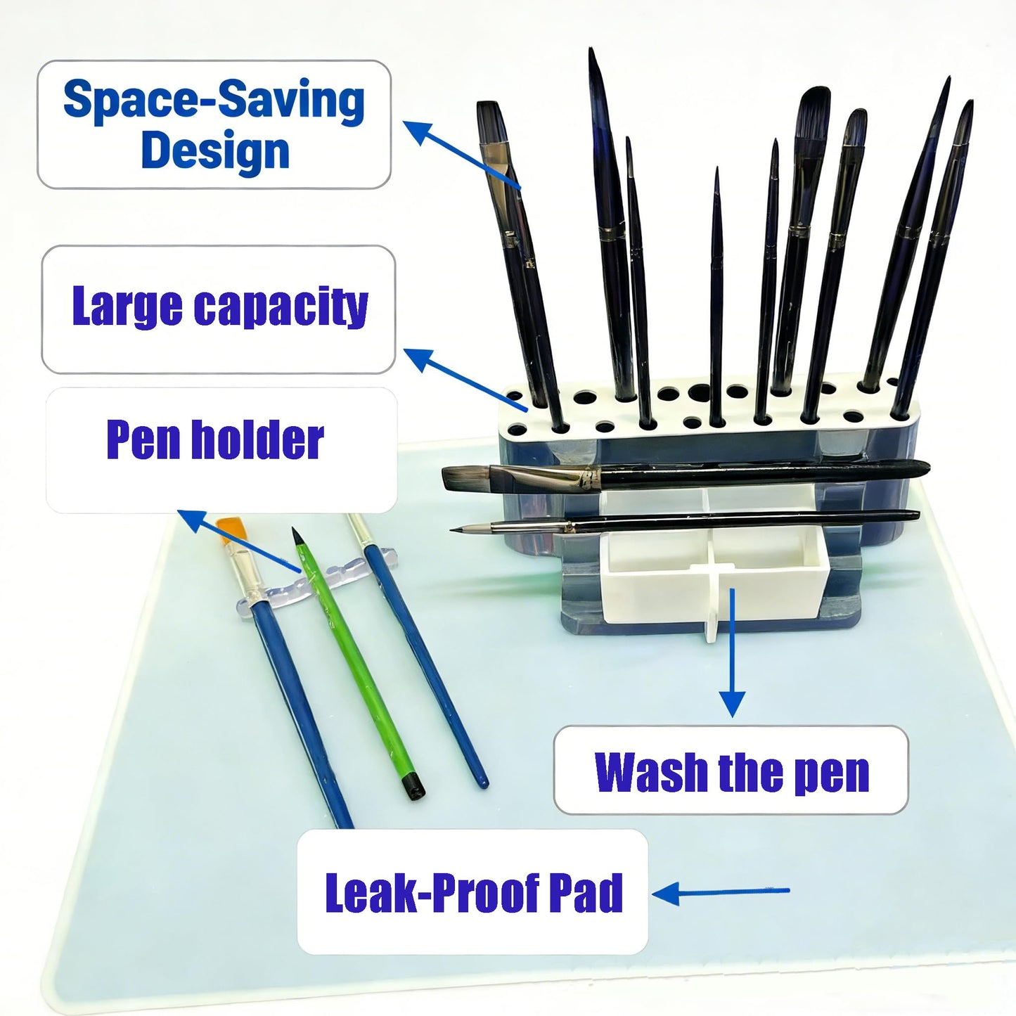 QIXIN Paintbrush Storage Set - Sturdy Organizer with Pen Tray & Leak-Proof Pad, Ideal for Artists, Hobbyists & Crafters (Rectangular)
