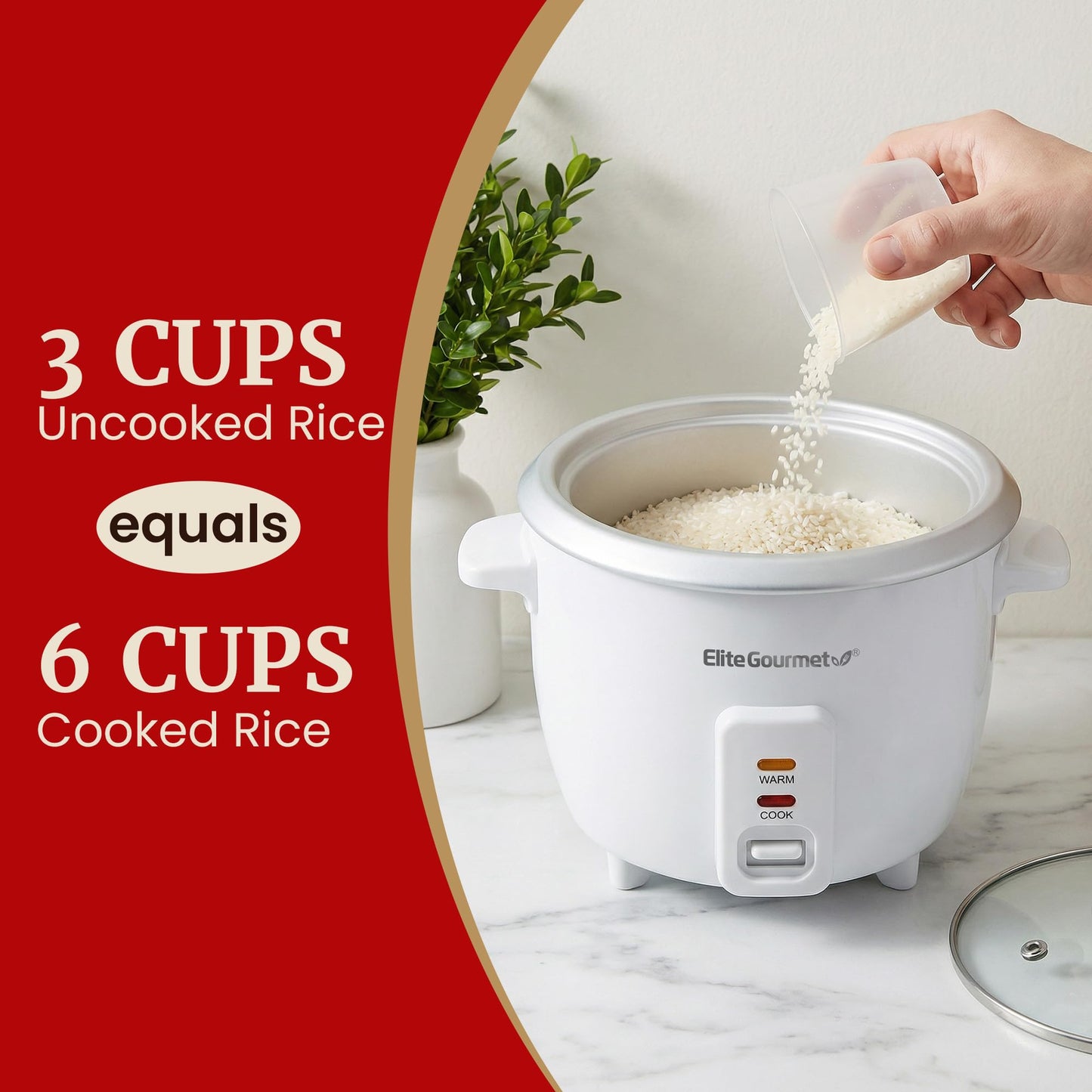 Elite Gourmet ERC-003X Electric Rice Cooker with Automatic Keep Warm Makes Soups, Stews, Grains, Hot Cereals, 6 Cups Cooked (3 Cups Uncooked), White