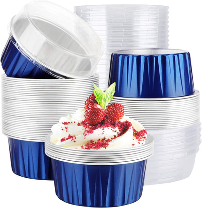 EUSOAR 50pcs Cupcake Cups with Lids, 5oz Aluminum Foil Baking Cups for Desserts, 125ml, Royal Blue, 3.34"x2.59"x2.35"