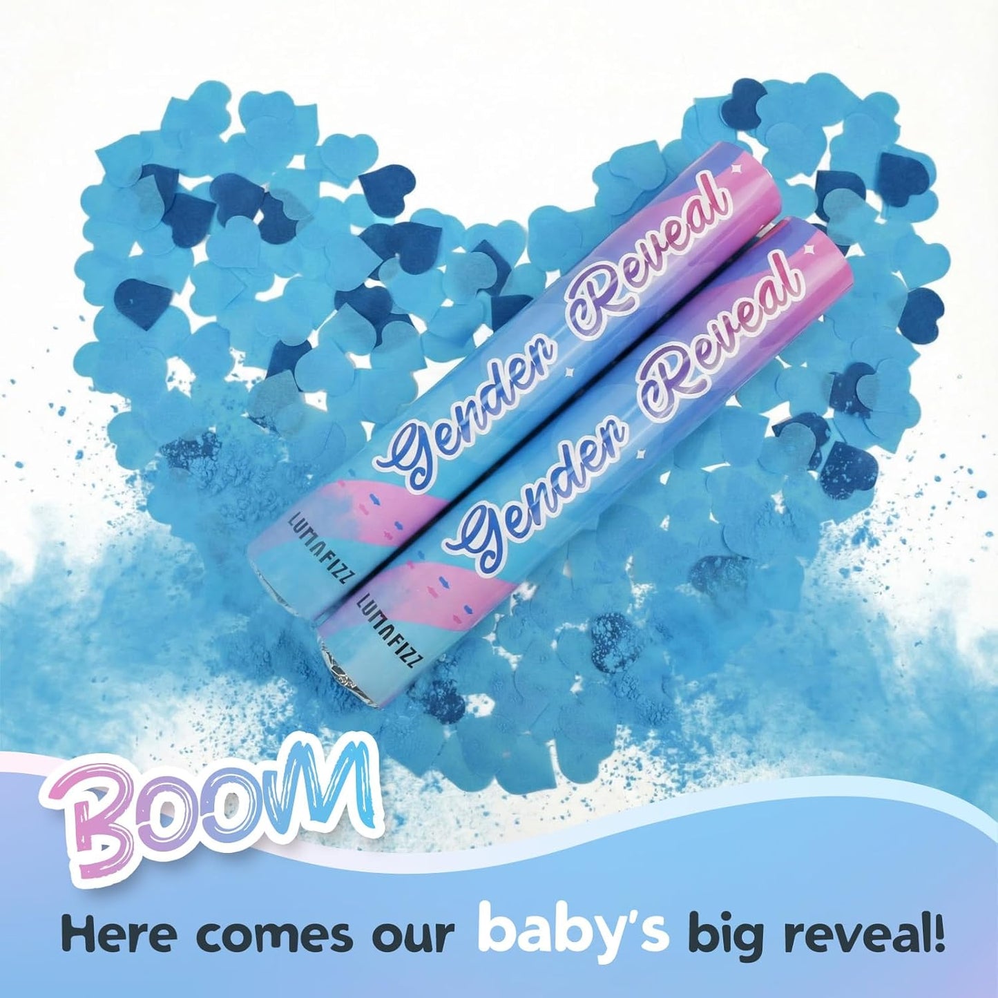 12Inches 4Pcs 4 Pack Gender Reveal Confetti Cannon - Biodegradable Powder & Heart Shaped Confetti Poppers - Blue