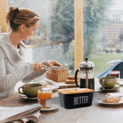 Hasense Butter Dish with Lid, Ceramic Butter Dish with Knife for Countertop, Airtight Covered Butter Keeper Container, Large Black Butter Holder for Refrigerator,Black