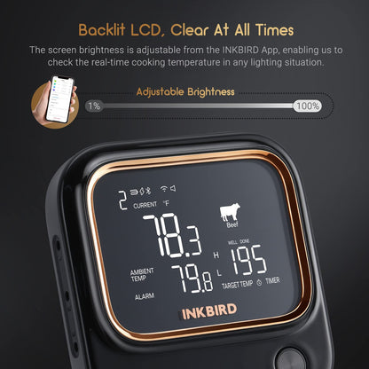 INKBIRD IBT-26S Bluetooth Wi-Fi BBQ Thermometer, with 4 Food-Grade Probes, APP Control, USDA Meat Presets, Temperature Alarm and Timer, Backlit LCD with Adjustable Brightness