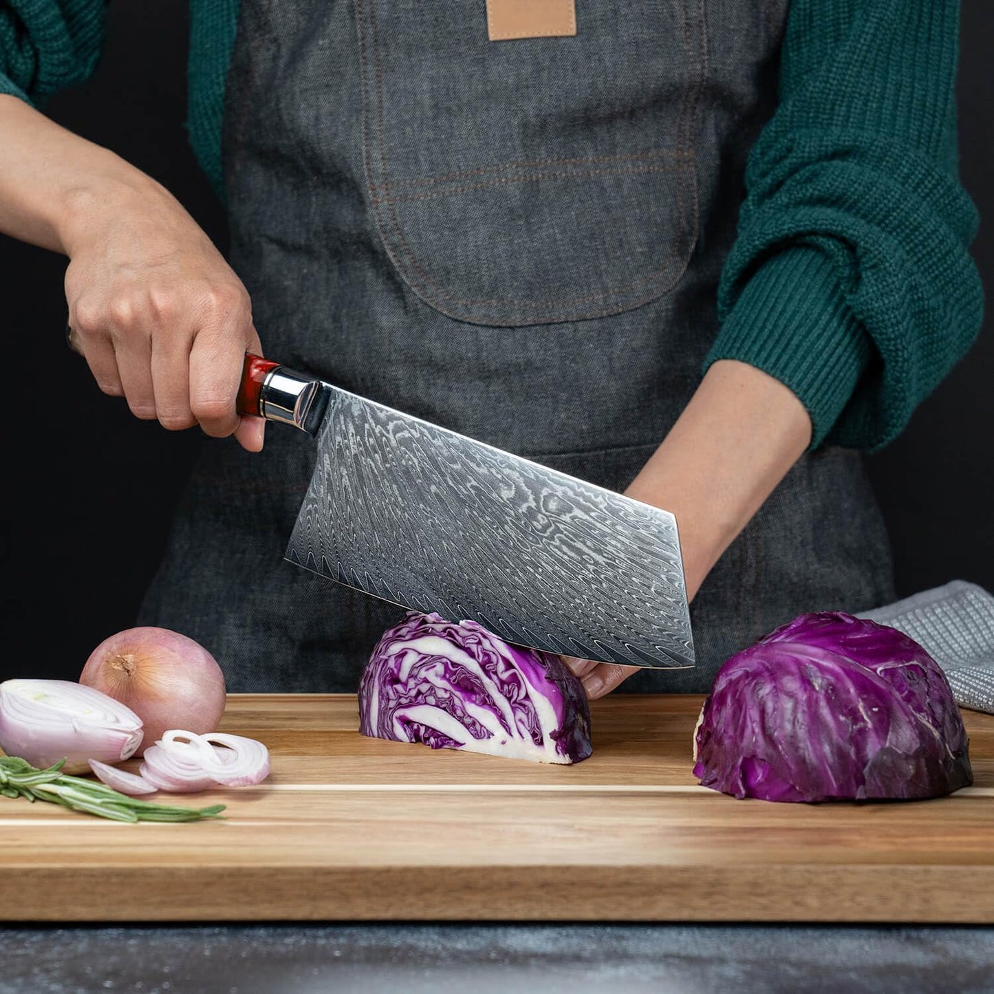 SENKEN 7-Piece Damascus Kitchen Knife Set - Tsunami Collection - 67-Layer Japanese VG10 Steel - Chef's Knife, Cleaver, Santoku, Bread, Boning, & More (Red Resin Blend)