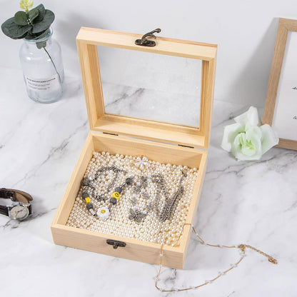 Unfinished Wooden Display Box with Glass Top, Small Hinged Lid Keepsake Storage Box for Jewelry and Home Decorations