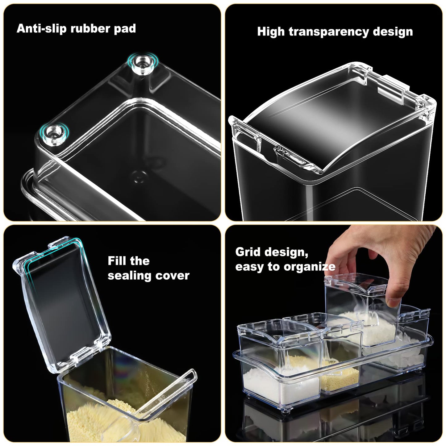 Bokon 4 Set Acrylic Clear Seasoning Box with Spoon, 16 Pcs Kitchen Seasoning Organizer Box Spice Pots Containers Condiment with Lids for Salt Candy Sugar Organizer, 10 x 4 x 3.3 Inch