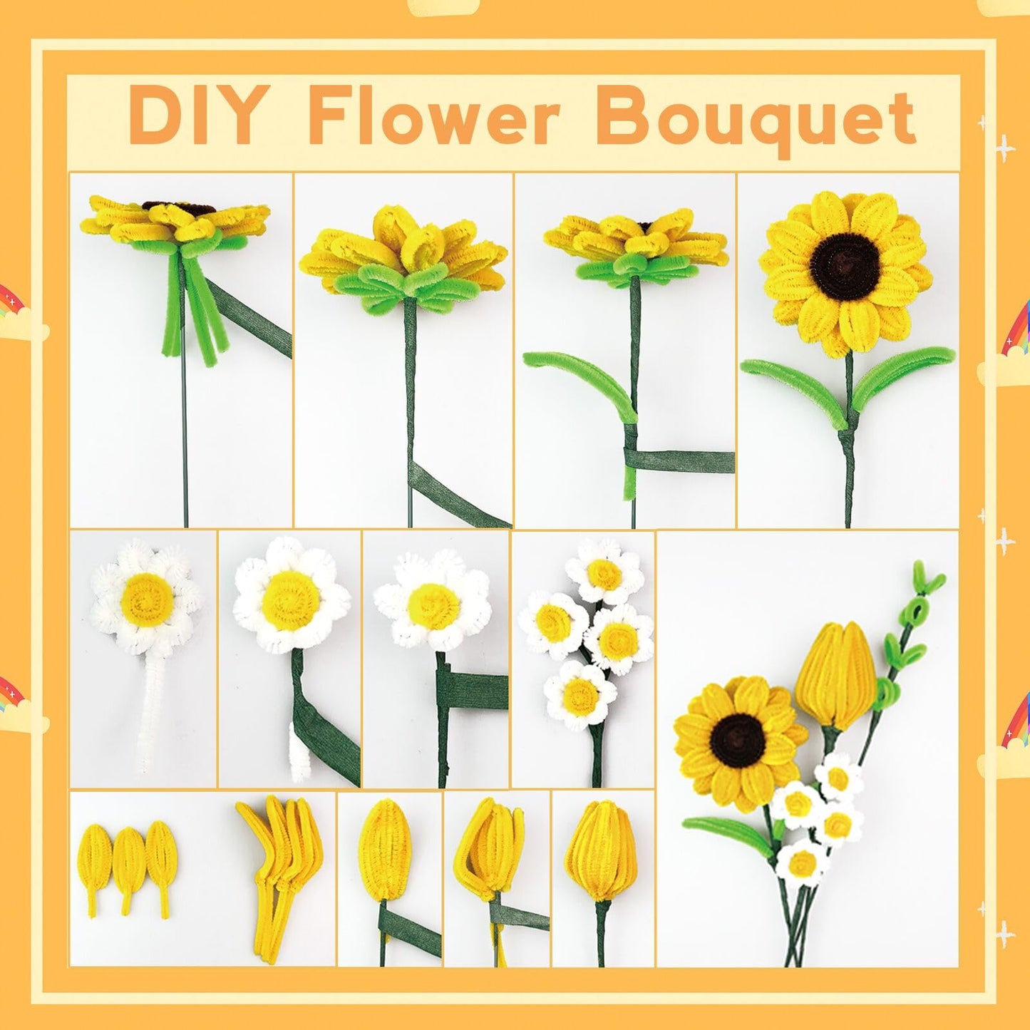 ZEIZHUBN 270 Pieces Pipe Cleaners, Pipe Cleaners Flower Bouquet Kit, Flower Making Kit with Floral Wires Tape, Art and Craft Supplies Projects DIY Decoration Holiday Party Birthday Gifts