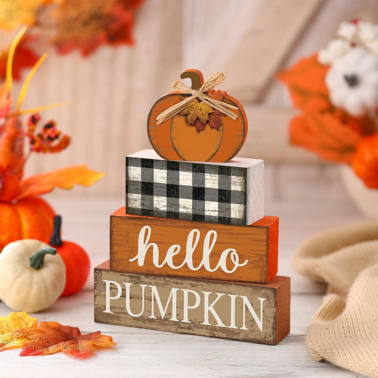 Briwooody 5 Pcs Thanksgiving Table Decor Wooden Reversible Maple Leaves Pumpkin Fall Tiered Tray Decor Thanksgiving Centerpiece Maple Leaves Pumpkin Block Signs Farmhouse Autumn Decoration for Home