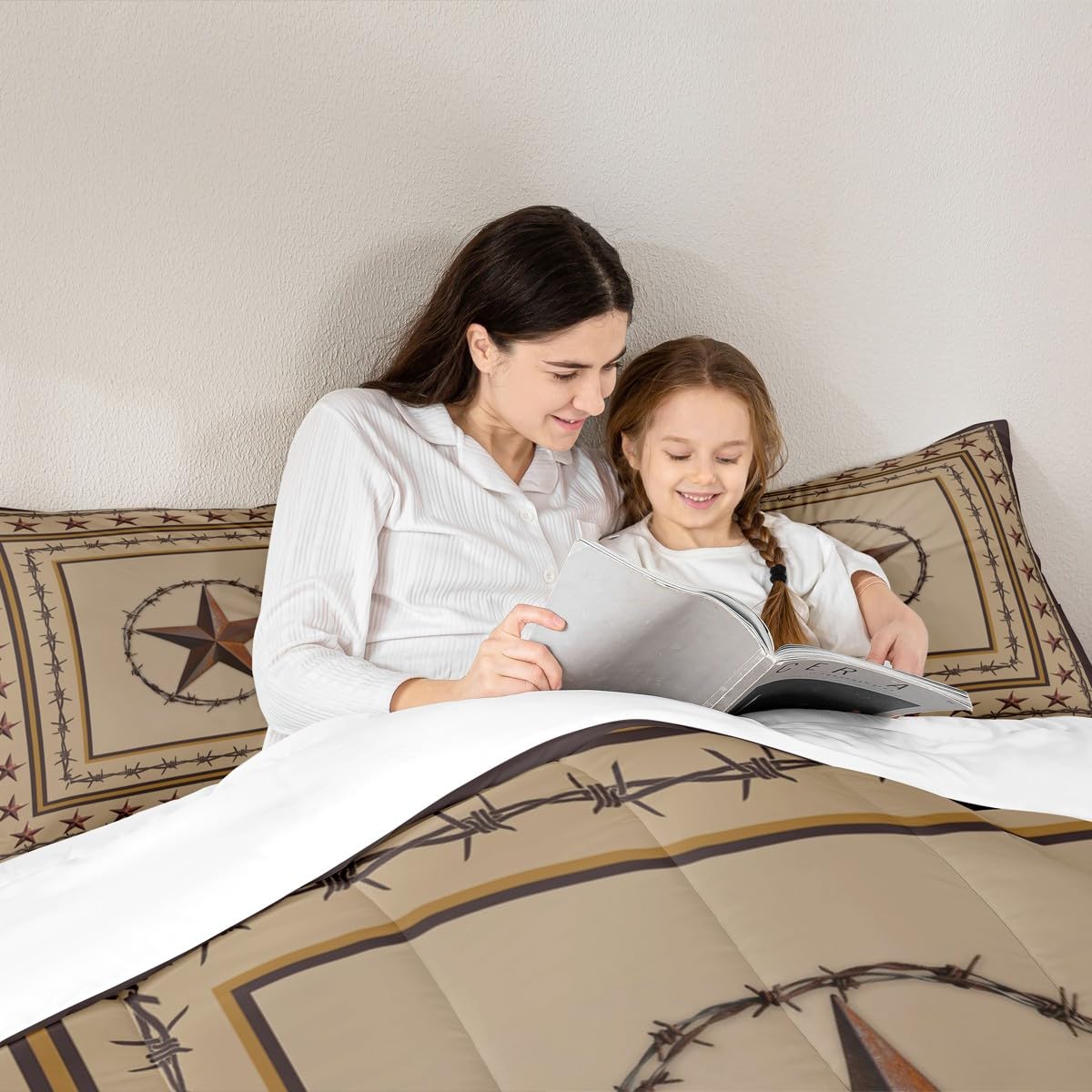 Western Texas Star Kids Comforter Set Queen Size,Cowboy Rustic Farmhouse Bedding Set,Boys Girls Adults Bedroom Decor,Geometric Plaids Patchwork Down Comforter,Brown Retro Duvet Insert,2 Pillowcases