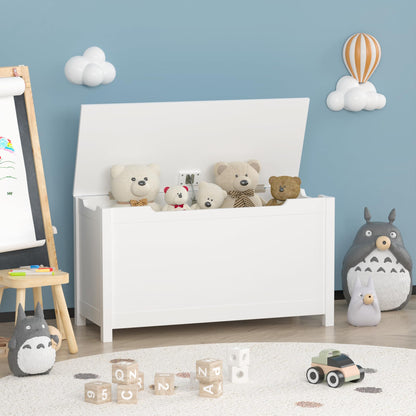 AOPNOMU Toy Box Storage Chest for Children, Kids Wooden Storage Organizer with Safety Hinged Lid Entryway Storage Bench Supports 210 lb Large Toys Storage Bin for Ages 3+, White