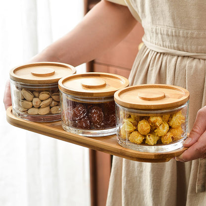 KVMORZE Chip and Dip Serving Set with Bamboo Tray, Snack Candy Fruit Nut Serving Platter, Small Glass Dipping Serving Bowls with Lids for Condiments, Side Dishes, Pre, Dessert, Salsa (4 Slots)